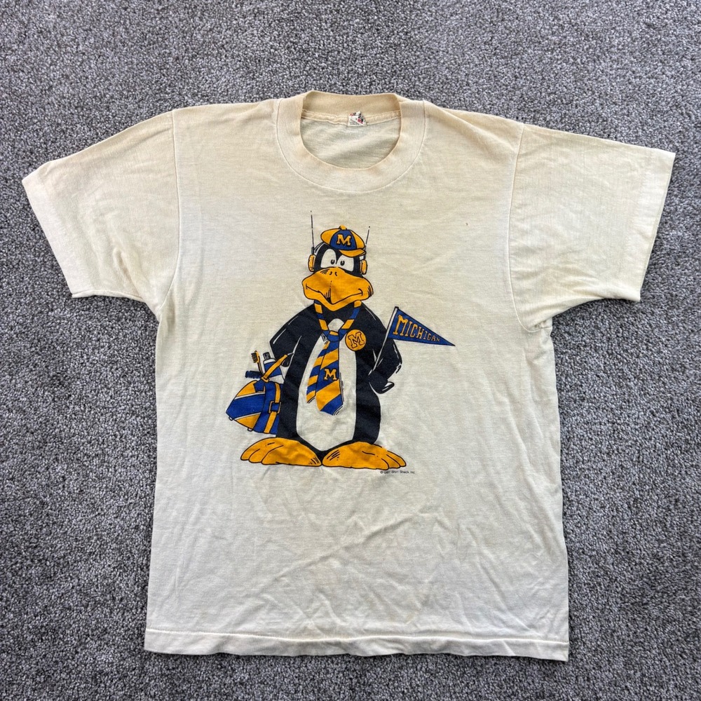 Vintage 80s Michigan Wolverines Penguin Shirt Mens Medium Cream Cotton 1987